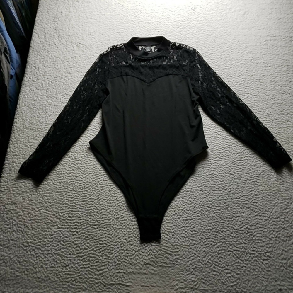 SHEIN Bodysuit Womens Plus 3XL Black Lace Long Sleeve Mock Neck Sheer Stretch